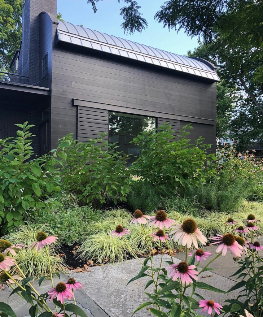 Pink flowers along a path in a landscape design by Landbox Landscape Architecture Studio