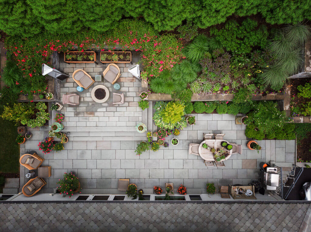 Overhead of a backyard patio design by Landbox Landscape Architecture Studio